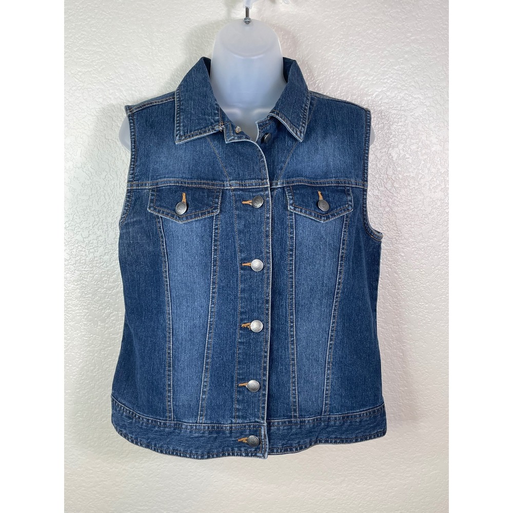 Westbound Womens Small Denim Vest Blue Button Front Stretch Pockets Classic